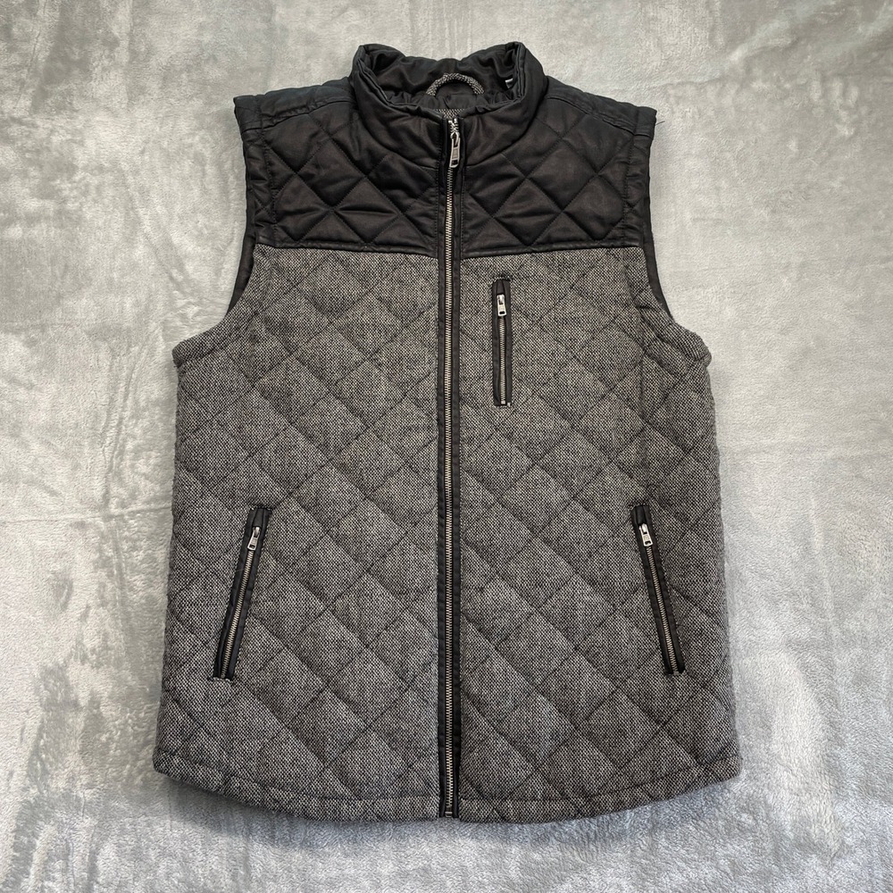 BKE Quilted Vest Mens Medium Grey Black Mixed Media Full Zip Tweed Puffer Jacket